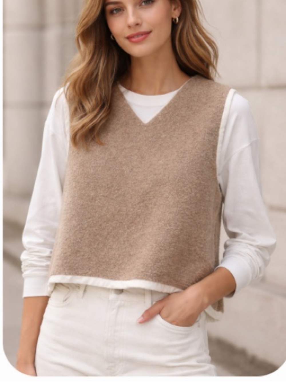 Sula Mallin Fluffy Wool Beige V-Neck Knit Sweater Vest